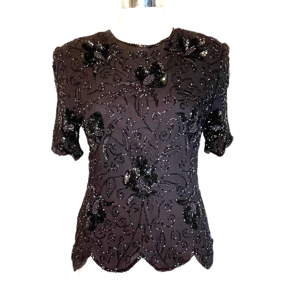 Black Silk Beaded Sequins Short Sleeve Vintage Statement Top
